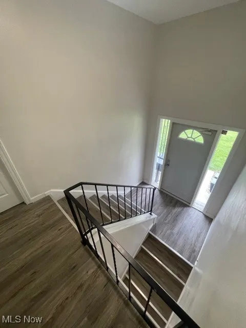 Foyer featuring stairway, dark wood-style floors, and a high ceiling