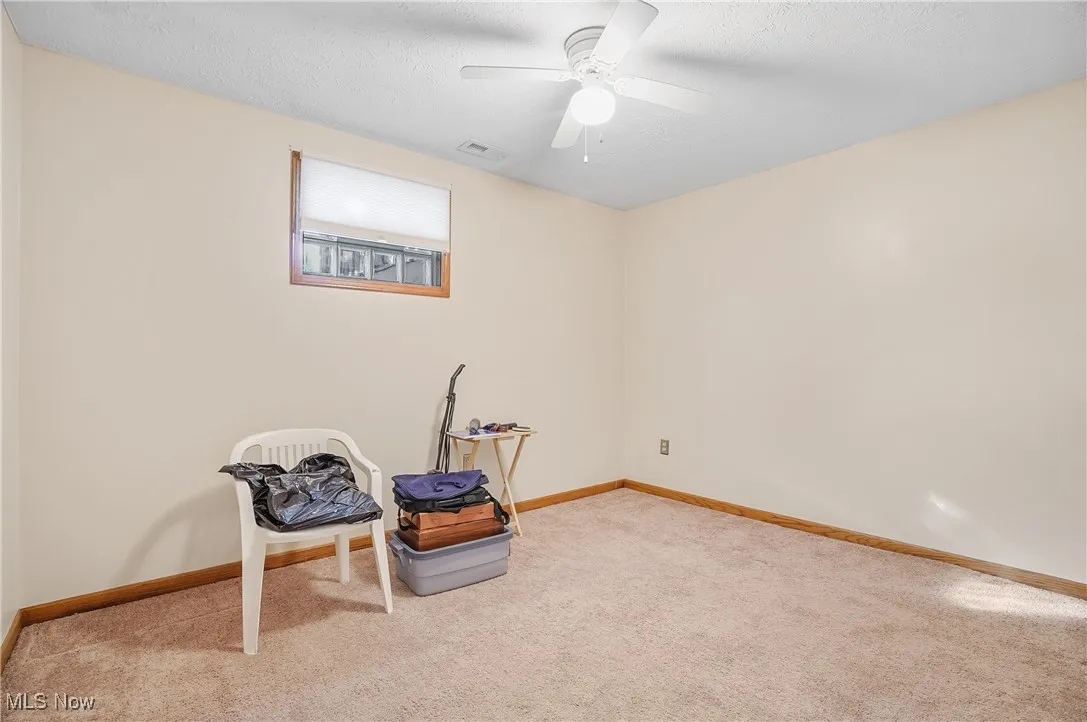 Unfurnished room with carpet flooring, a textured ceiling, and a ceiling fan