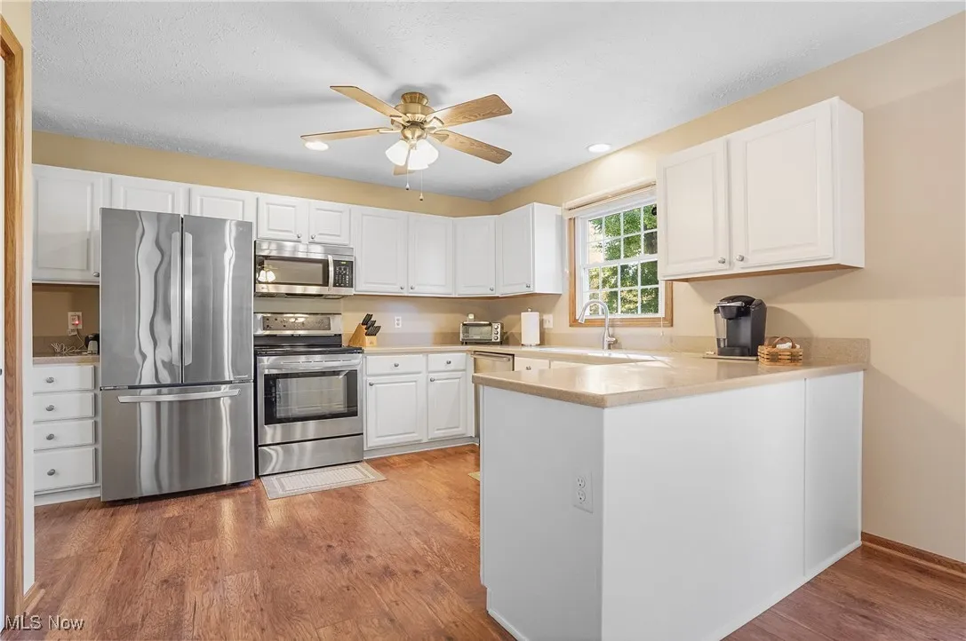 Kitchen with stainless steel appliances, white cabinets, dark wood-style floors, recessed lighting, and a ceiling fan