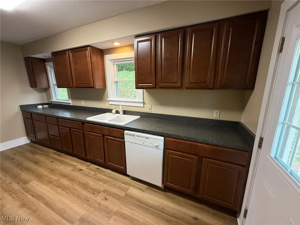 Kitchen featuring white dishwasher, dark countertops, light wood-style flooring, and dark brown cabinets