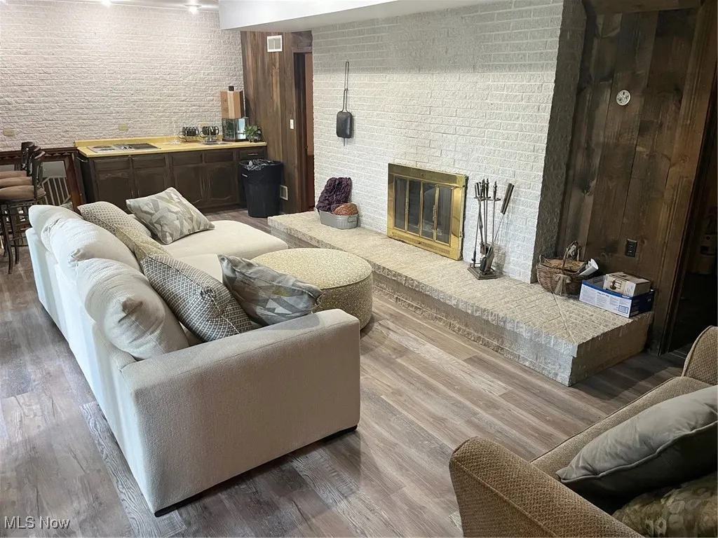 Lower level family room with fireplace.