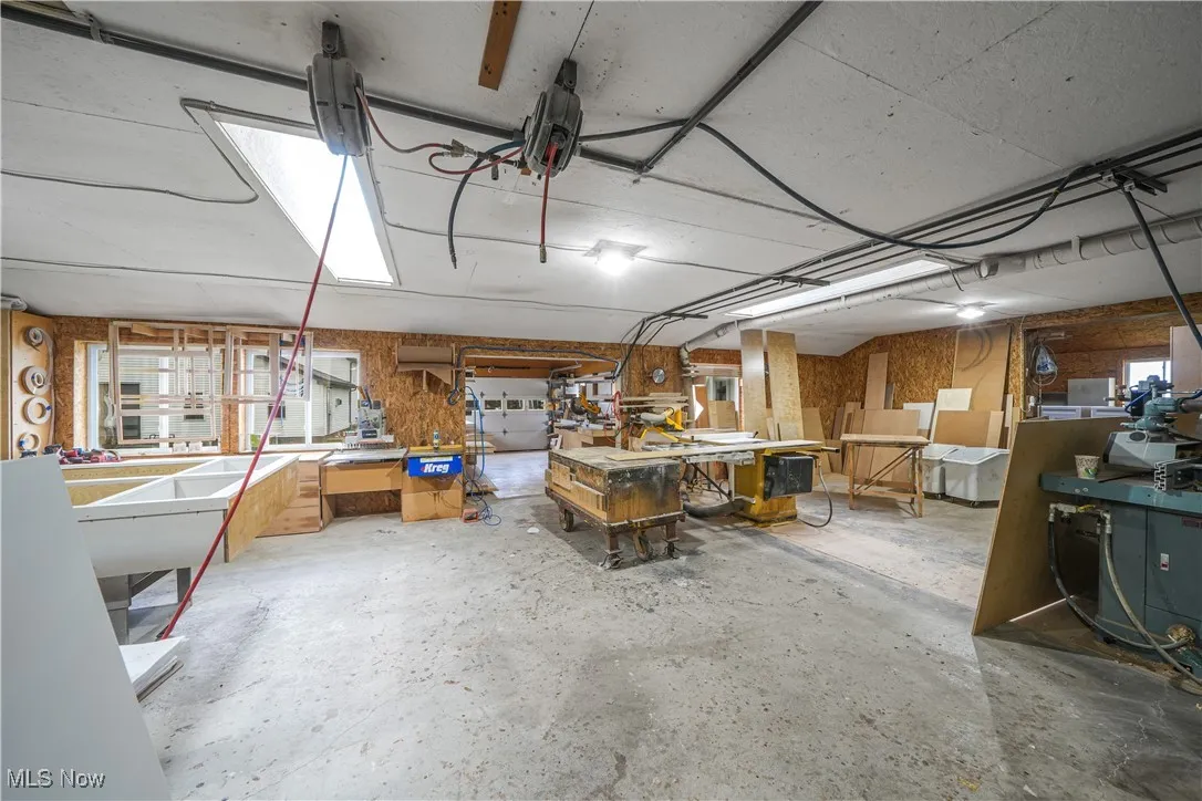 Basement featuring a workshop area