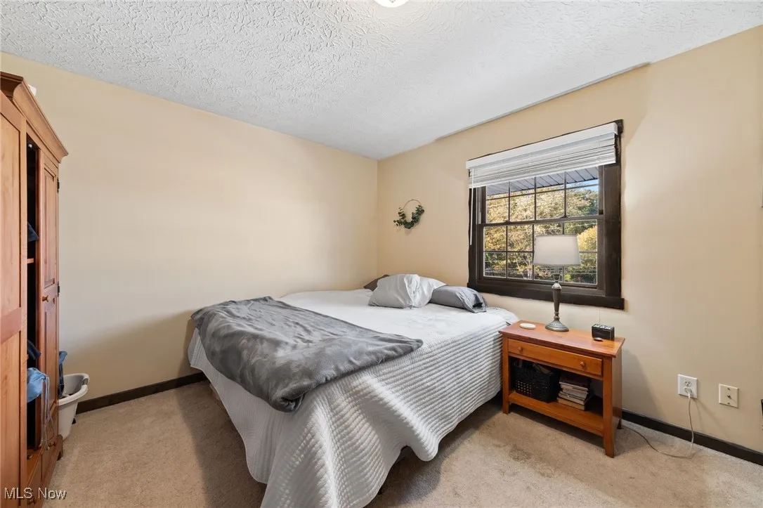 Bedroom with light carpet and a textured ceiling