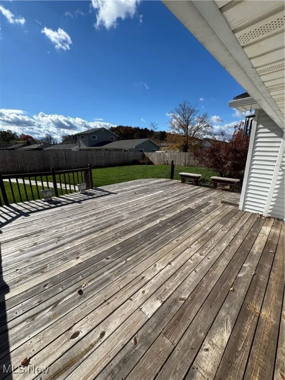 Wooden terrace with a fenced backyard