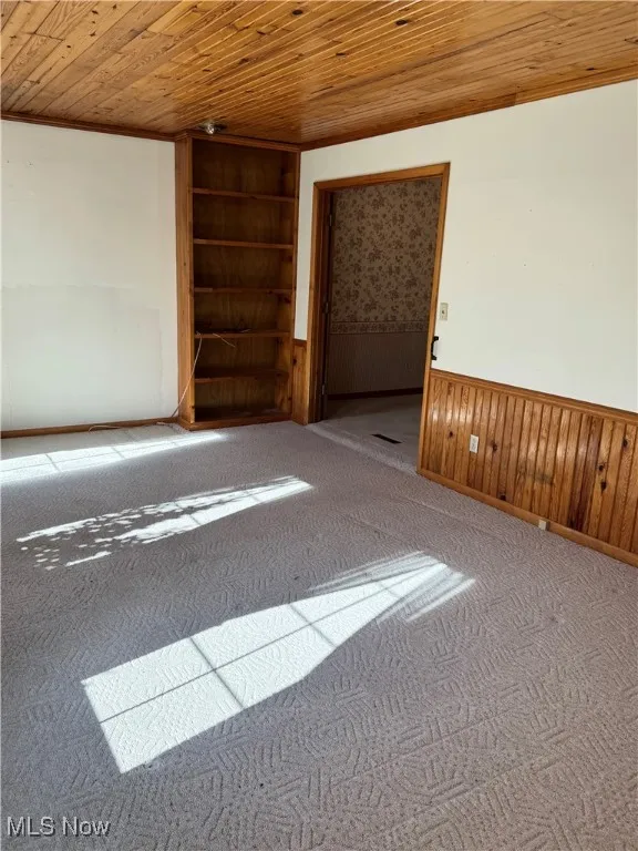 Unfurnished room featuring wood ceiling, carpet floors, wainscoting, built in features, and wood walls