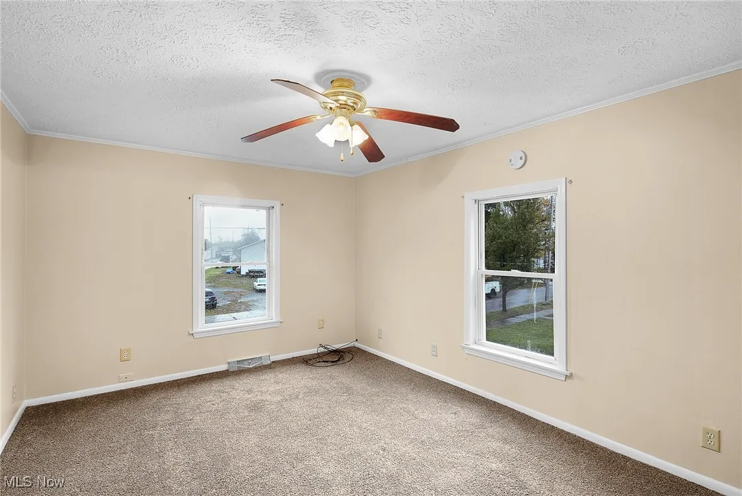 Carpeted spare room featuring ornamental molding, plenty of natural light, ceiling fan, and a textured ceiling