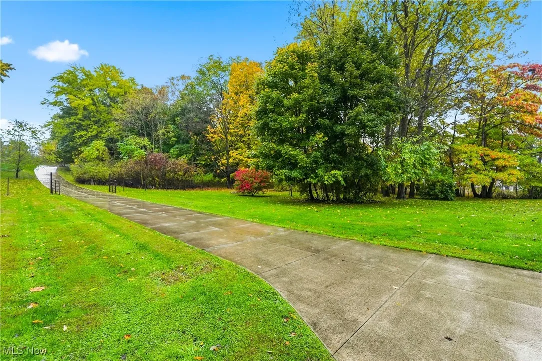 concrete driveway with wooded front yard