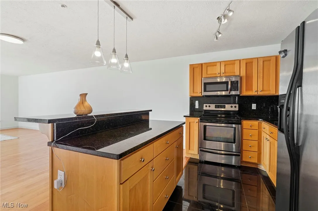 Kitchen with stainless steel appliances, decorative light fixtures, decorative backsplash, a center island, and dark stone countertops