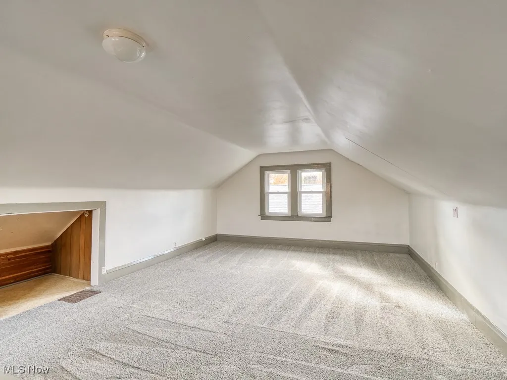 Additional living space featuring light colored carpet and vaulted ceiling