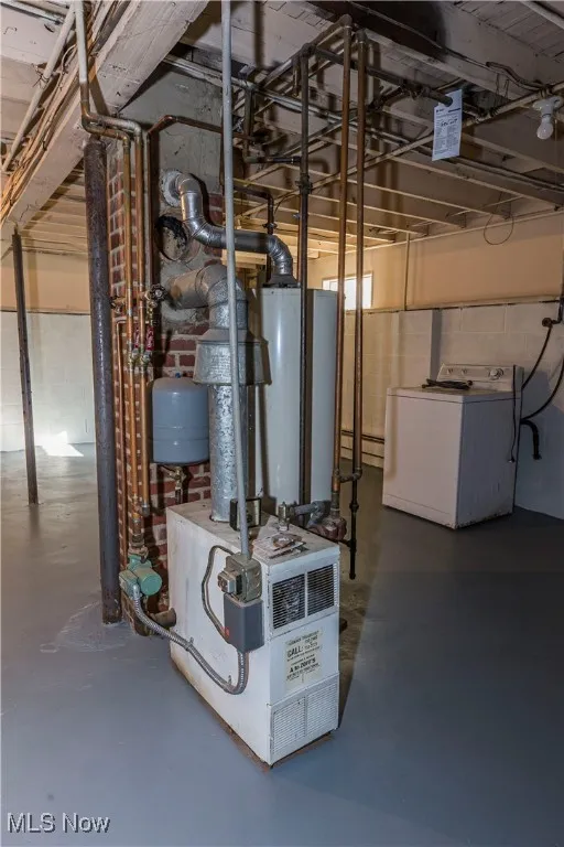 Utility room with washer / clothes dryer, a heating unit, and water heater