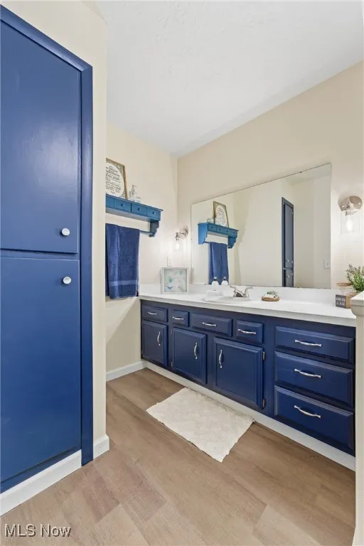 Bathroom with vanity and light wood finished floors
