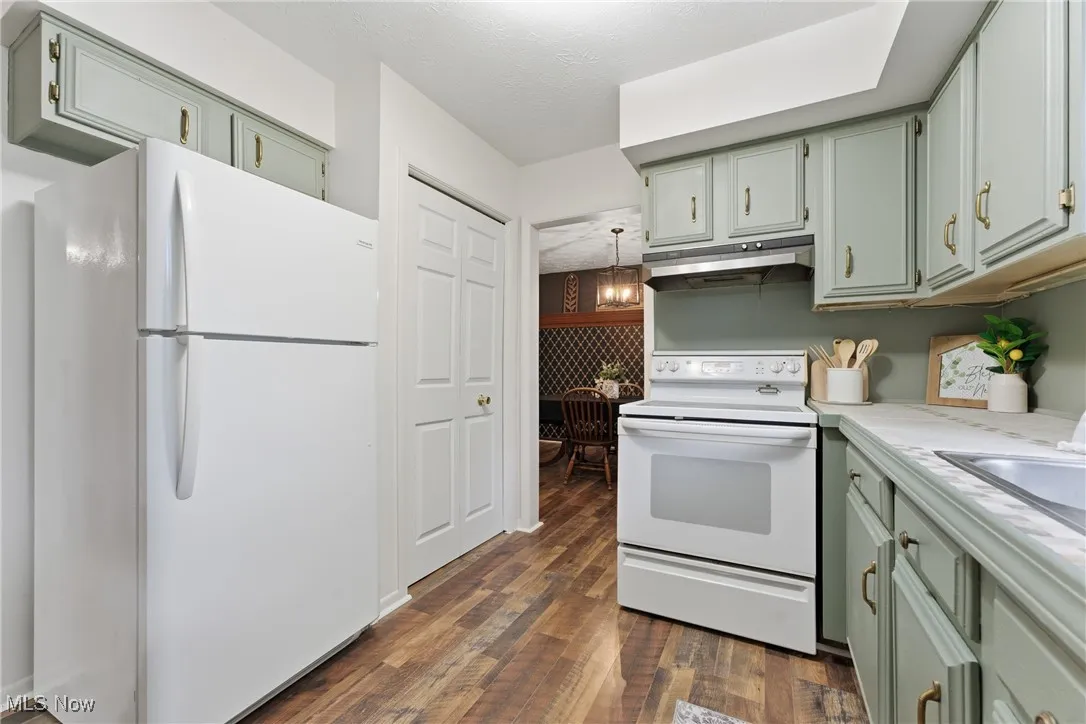 Kitchen with white appliances, light countertops, green cabinetry, dark wood-style floors, and under cabinet range hood