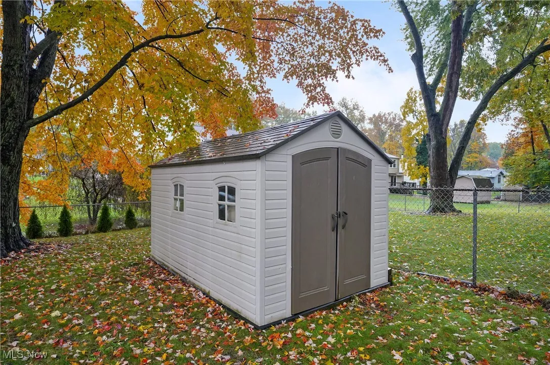 View of shed featuring a fenced backyard