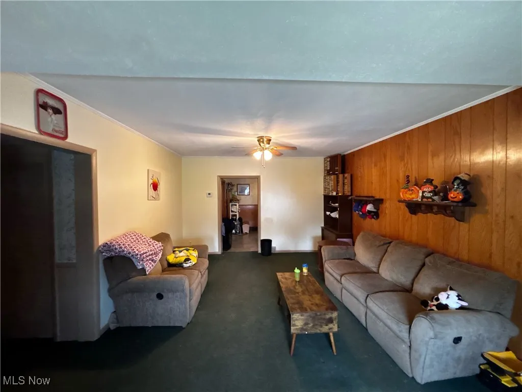 Living room featuring wood walls, a ceiling fan, ornamental molding, and carpet