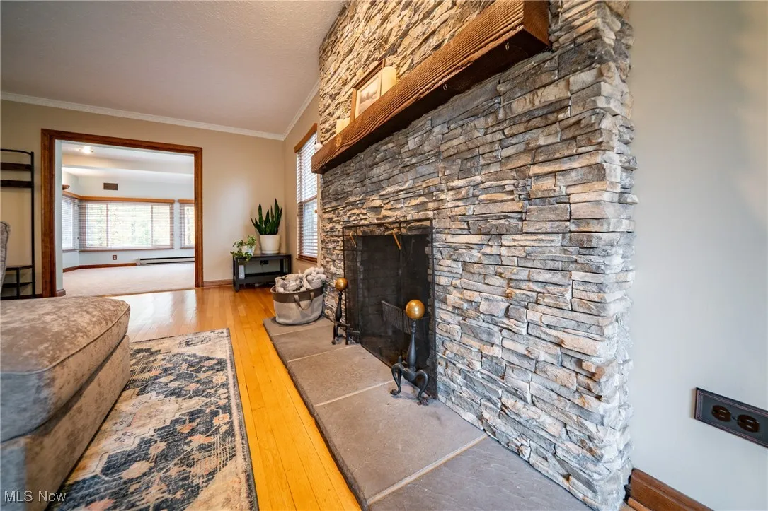 Living area featuring ornamental molding, light wood finished floors, and a stone fireplace