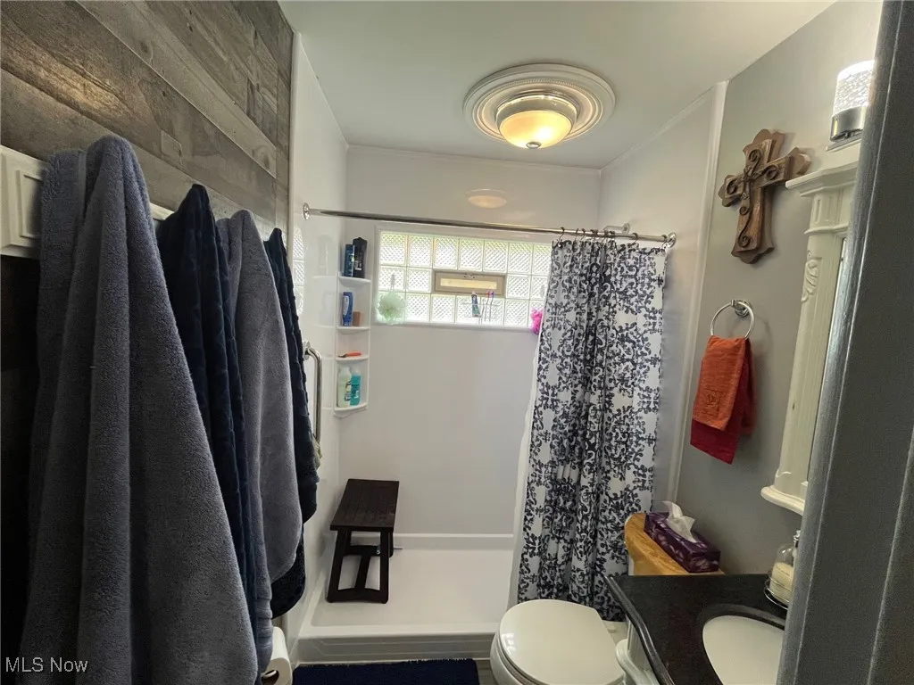 Full bath featuring vanity, curtained shower, and ornamental molding for exhaust fan