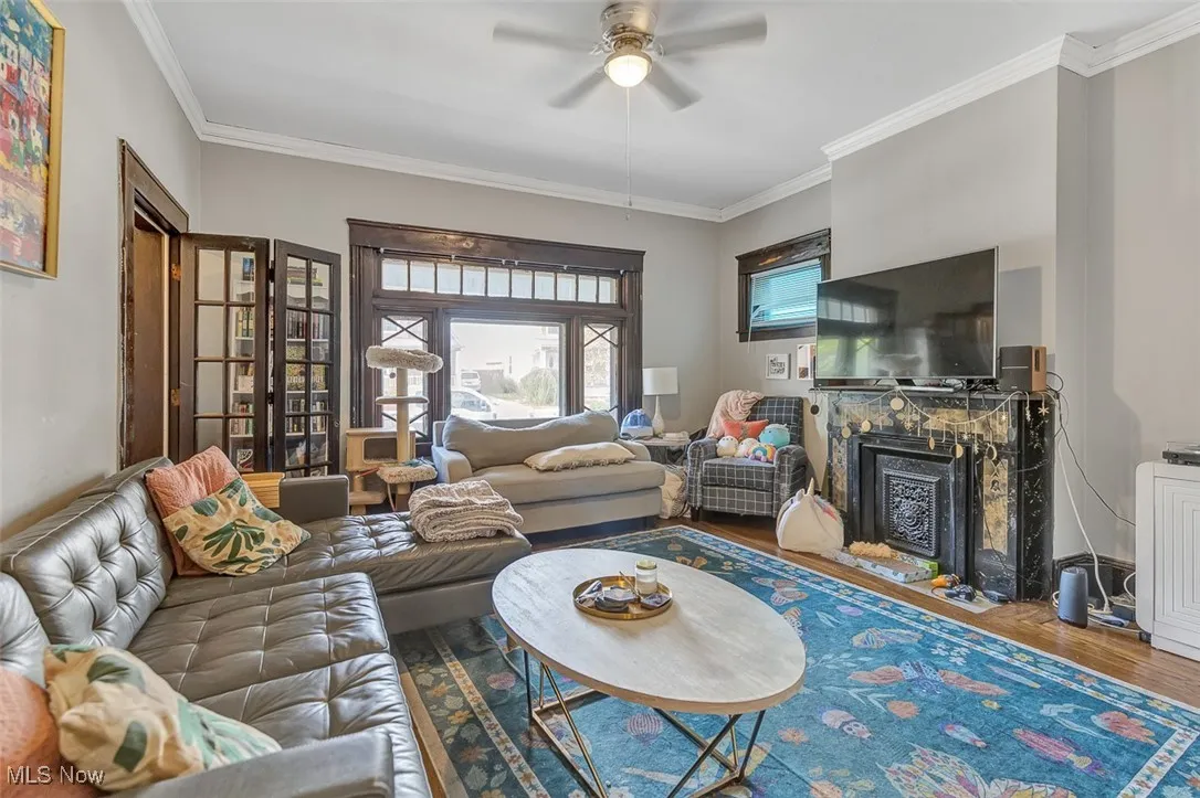 Living room featuring crown molding, wood finished floors, a fireplace, and a ceiling fan