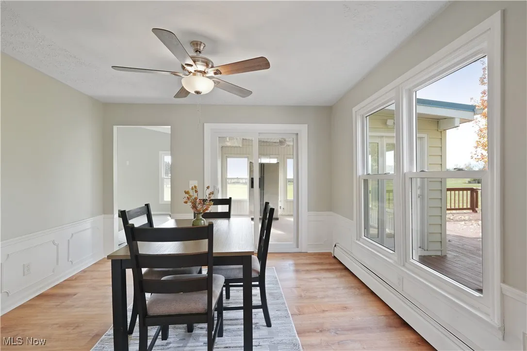 Dining space featuring a baseboard radiator, plenty of natural light, a wainscoted wall, light wood-type flooring, and a decorative wall