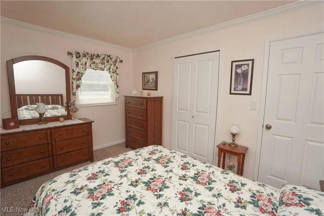 Bedroom with light carpet, crown molding, and a closet