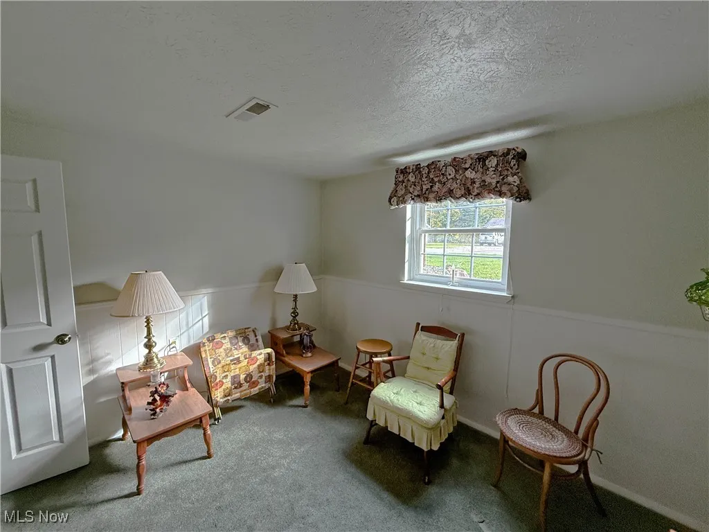 Sitting room with carpet, a textured ceiling, and wainscoting
