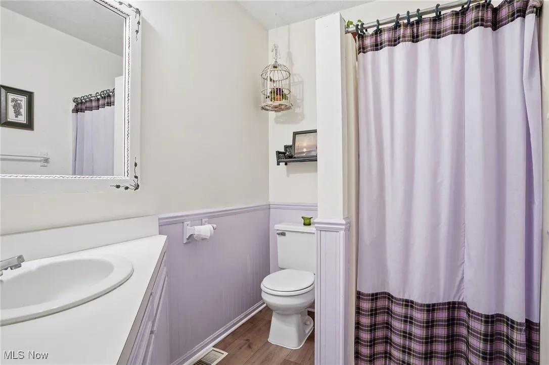 Bathroom featuring a shower with curtain, vanity, wood finished floors, and wainscoting