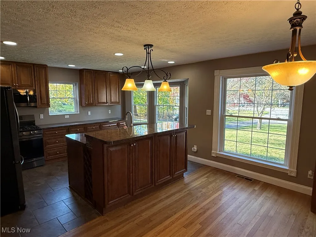 Kitchen featuring appliances with stainless steel finishes, recessed lighting, pendant lighting, dark stone counters, and dark wood finished floors