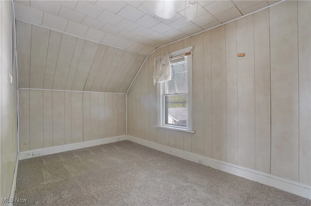 Additional living space featuring carpet flooring, wood walls, and vaulted ceiling