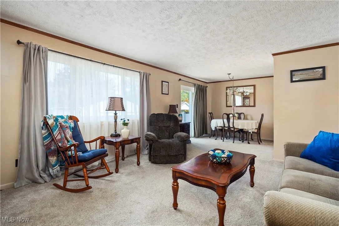 Living area featuring ornamental molding, a textured ceiling, light carpet, and a chandelier