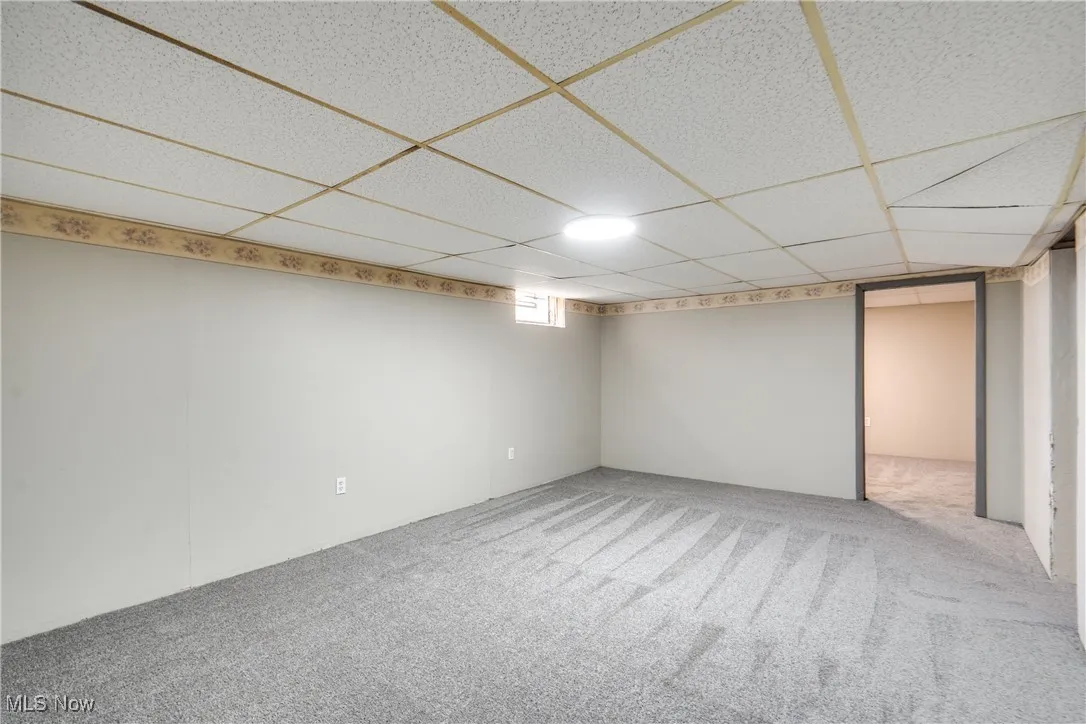 Below grade area featuring light colored carpet and a drop ceiling