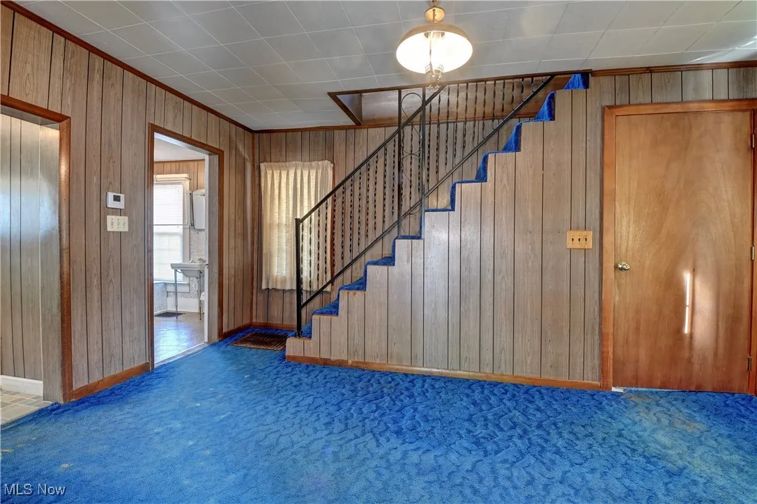 Carpeted foyer with wood walls, stairs, and crown molding