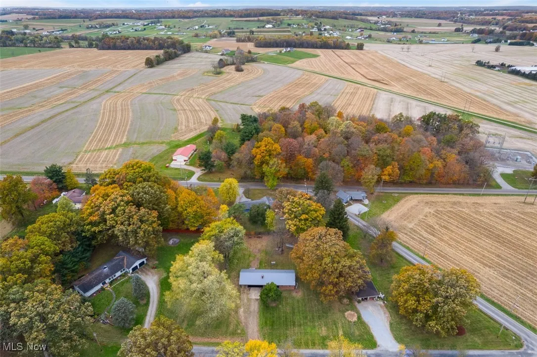Overview of rural landscape featuring rows of crops