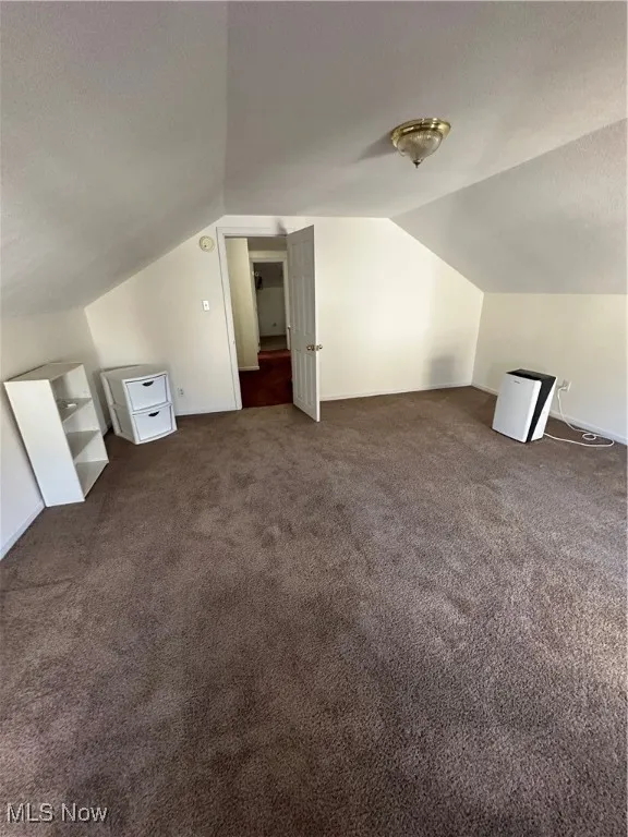 Bonus room featuring dark carpet, vaulted ceiling, and a textured ceiling