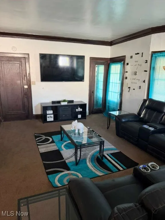 Carpeted living room featuring ornamental molding and baseboards