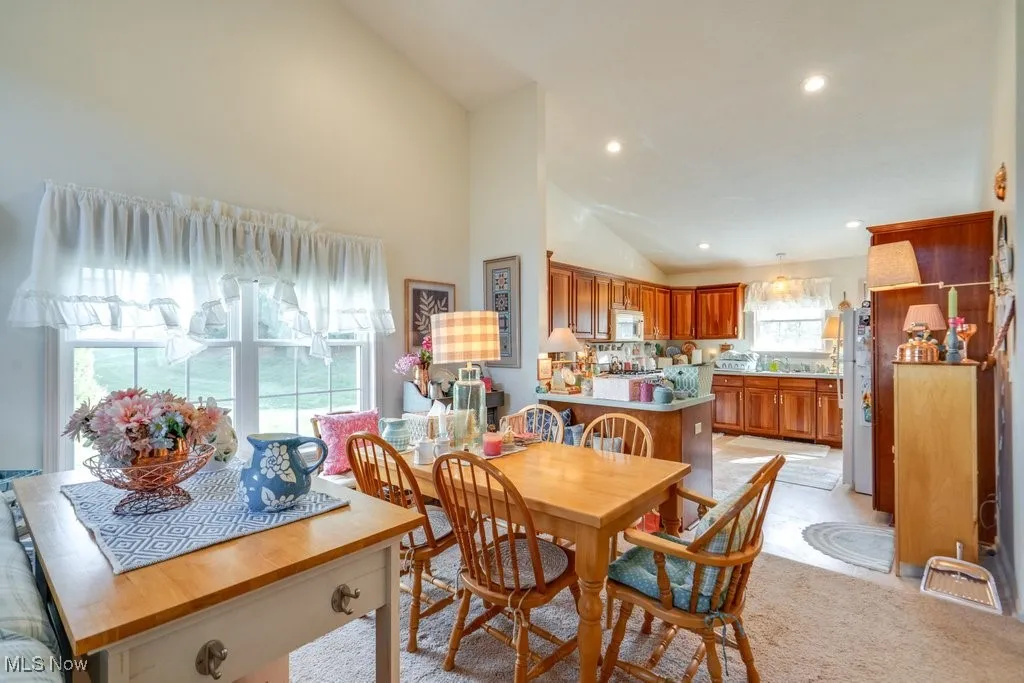 Dining area with carpet and large windows