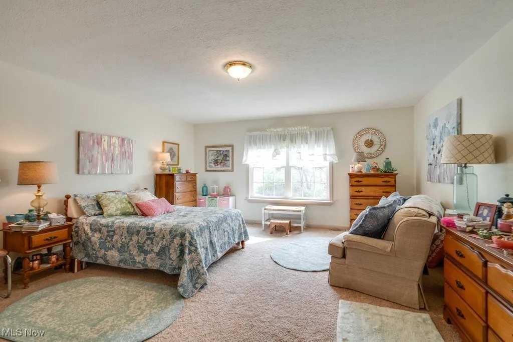 Primary bedroom with light colored carpet and large window