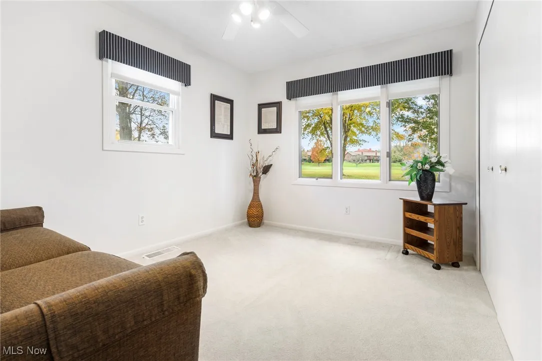 Living area with carpet floors and a ceiling fan