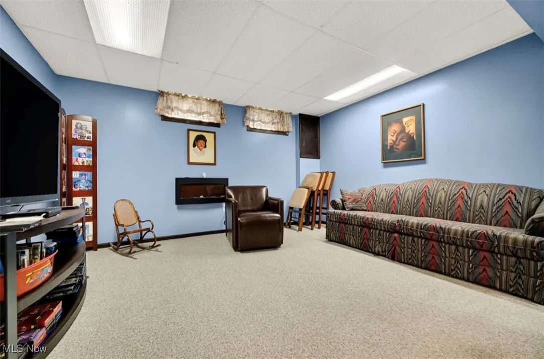 Living room with carpet and a drop ceiling