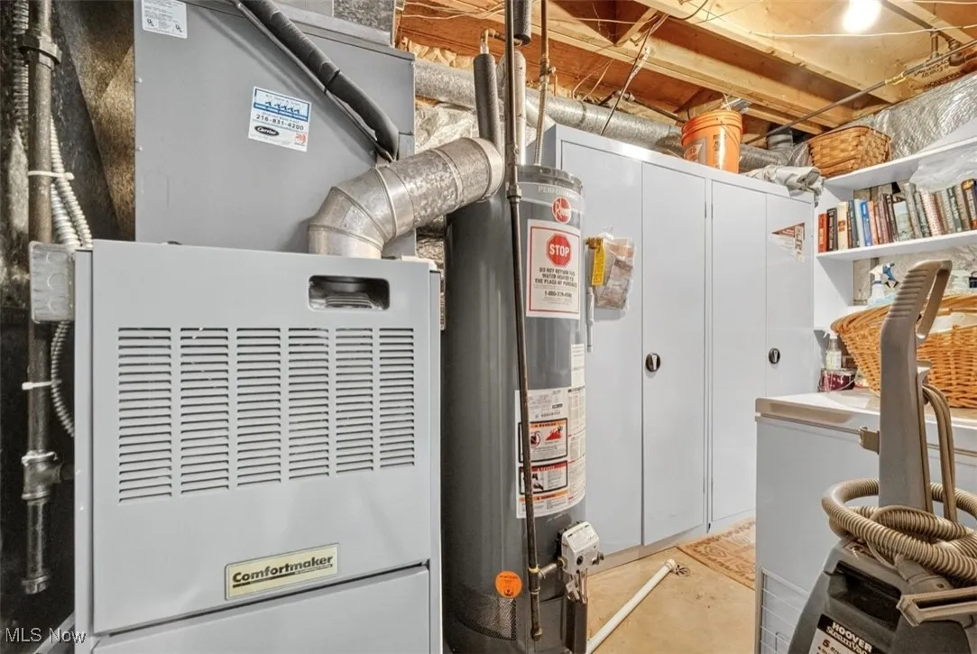 Utility room featuring water heater and heating unit
