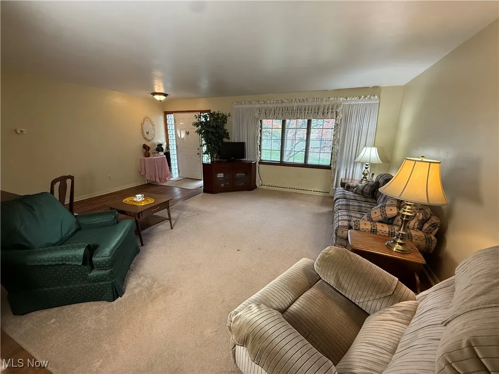 Living area with carpet floors and a baseboard heating unit
