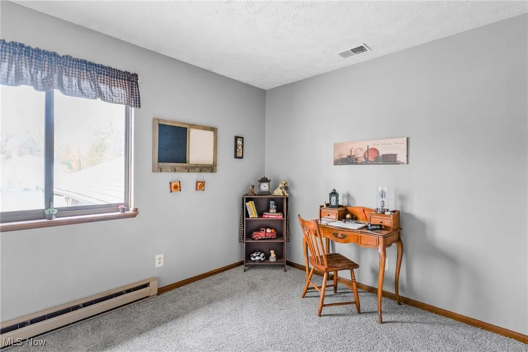Office area featuring a baseboard radiator, light colored carpet, and a textured ceiling