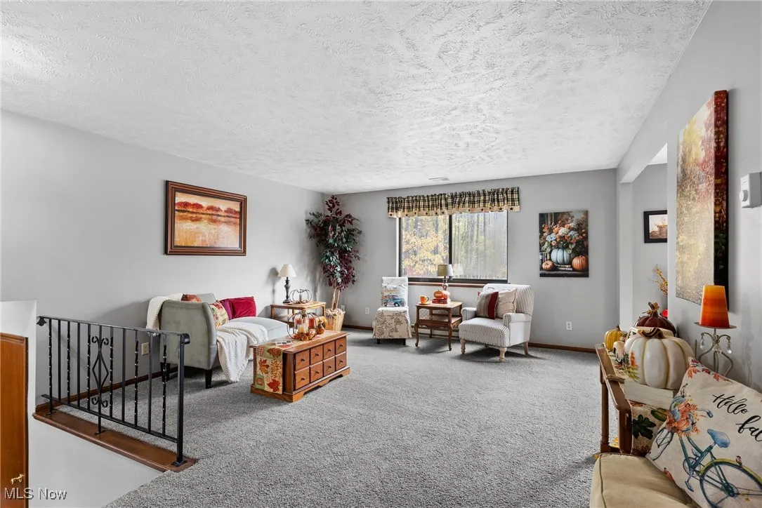 Carpeted living room featuring a textured ceiling