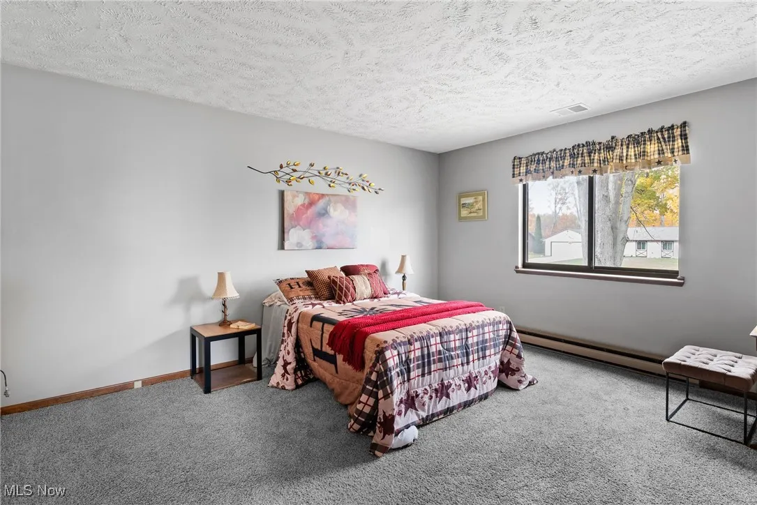 Bedroom featuring carpet, a textured ceiling, and a baseboard radiator