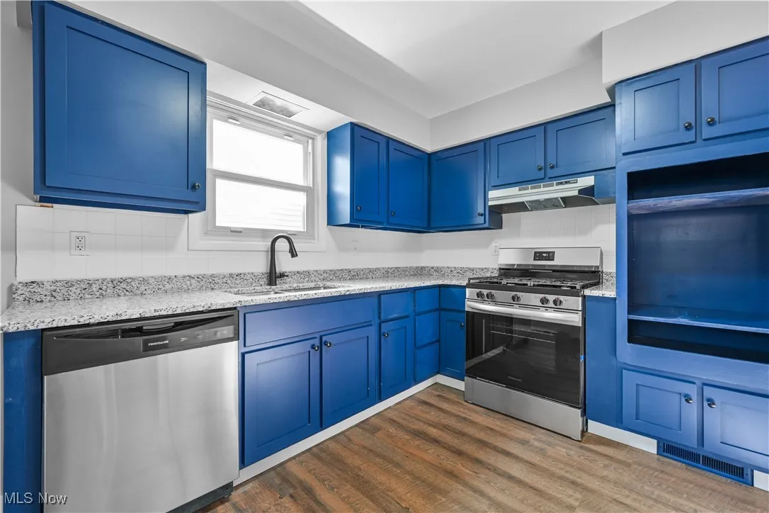 Kitchen with blue cabinets, stainless steel appliances, dark wood finished floors, and light stone countertops