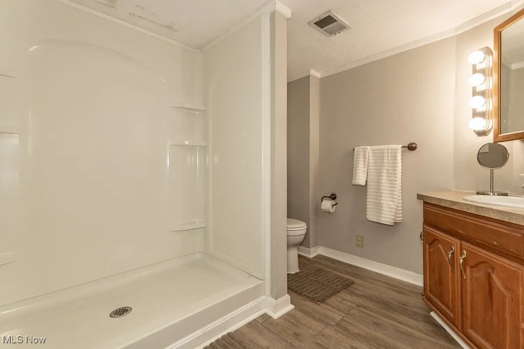 Bathroom featuring vanity, dark wood-style flooring, a textured ceiling, crown molding, and a shower