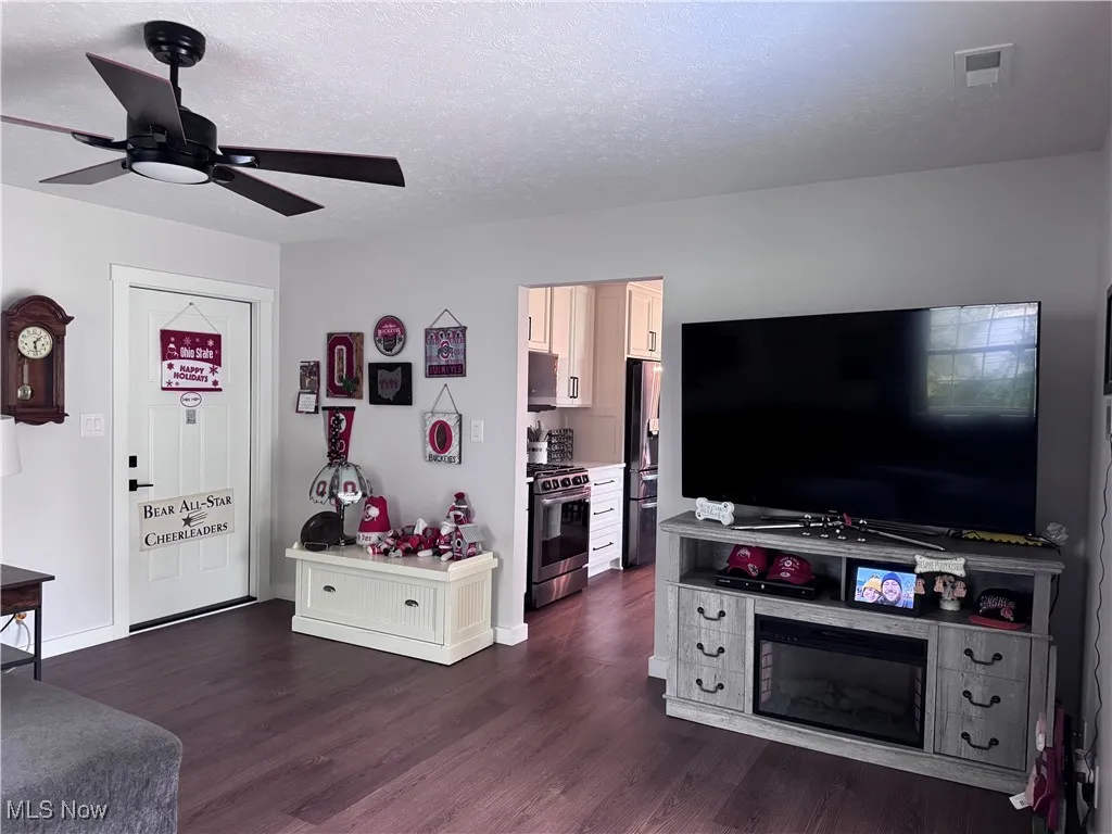 Living room featuring dark wood-style floors, a textured ceiling, and a ceiling fan