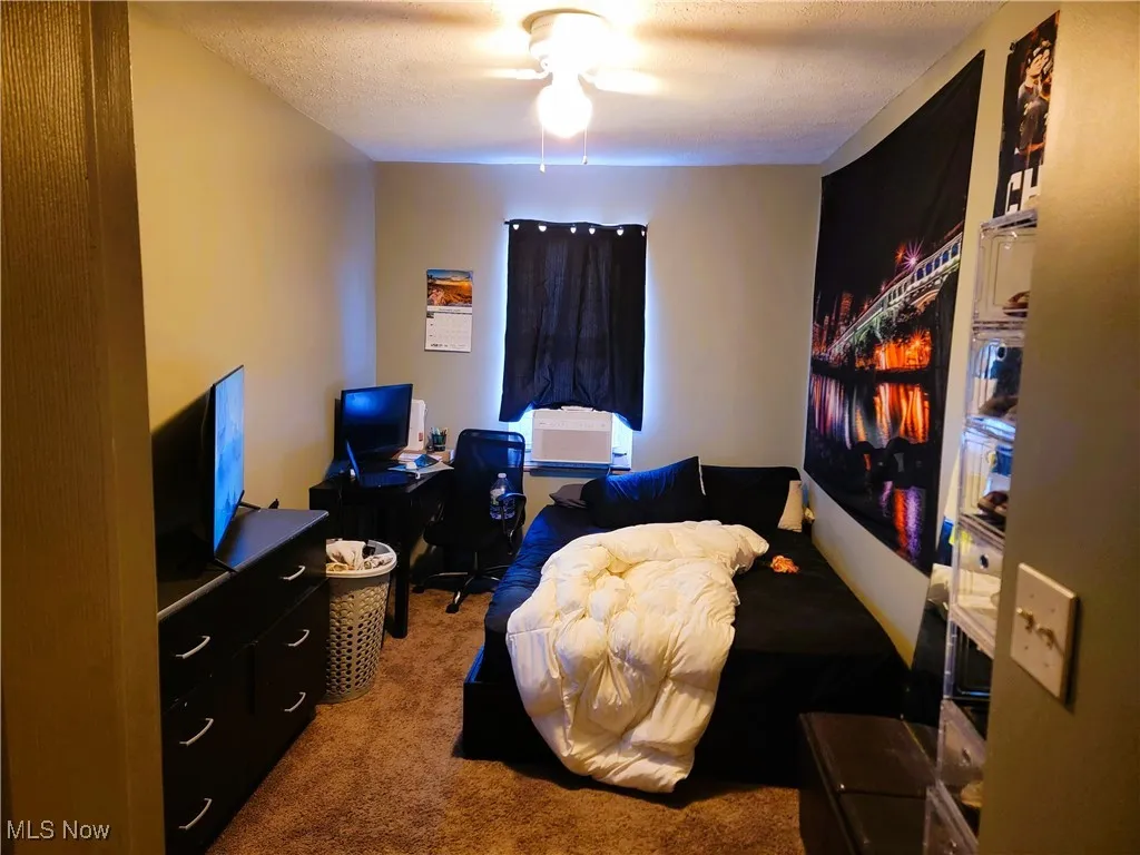 Carpeted bedroom with a textured ceiling and ceiling fan