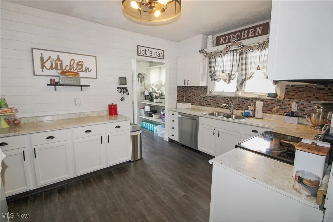 Kitchen with white cabinetry, light countertops, stainless steel dishwasher, dark wood-style flooring, and decorative backsplash