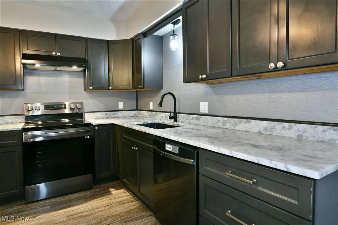 Kitchen featuring stainless steel range with electric stovetop, dishwasher, under cabinet range hood, light wood finished floors, and light stone counters