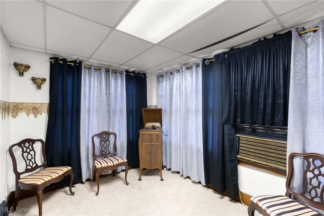 Living area with light carpet and a paneled ceiling