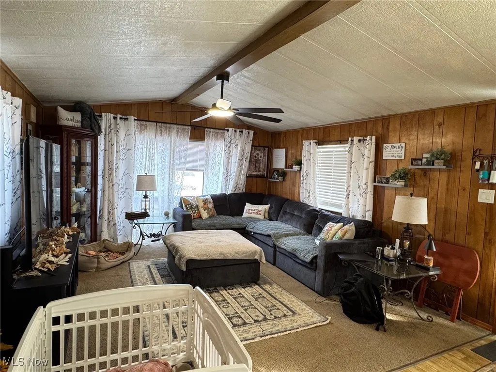 Living area with wooden walls, a ceiling fan, and wood finished floors